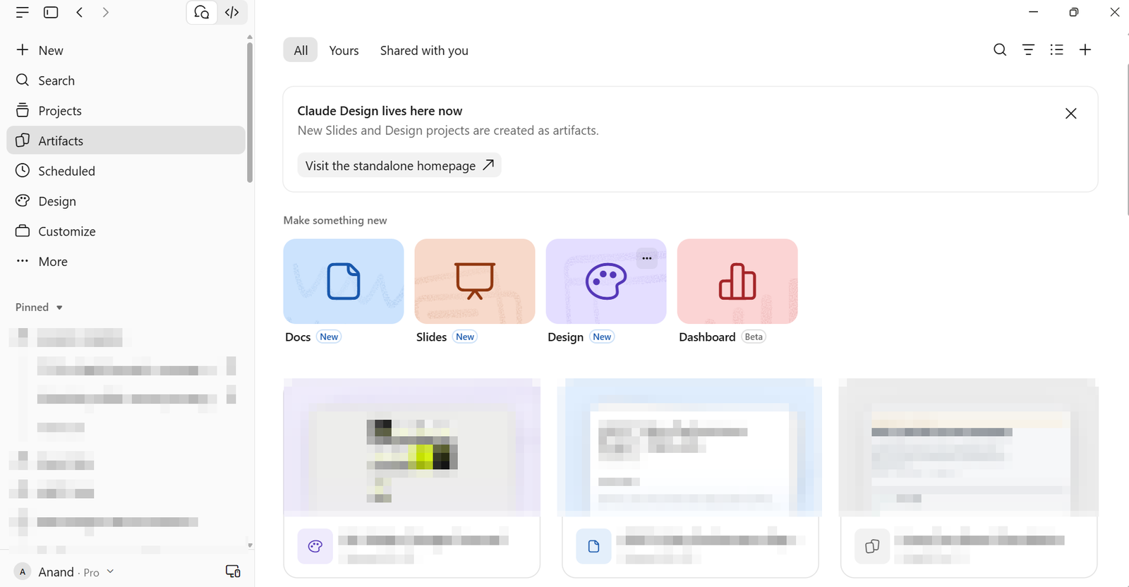 Reports and brand documents in Claude, names blurred